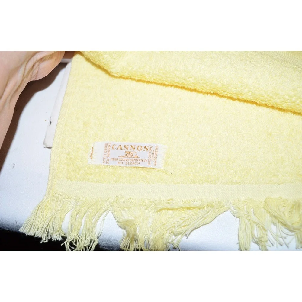 Vtg 70s Set Cannon Daisy Fringed Bath Hand Towels Wash cloth Yellow